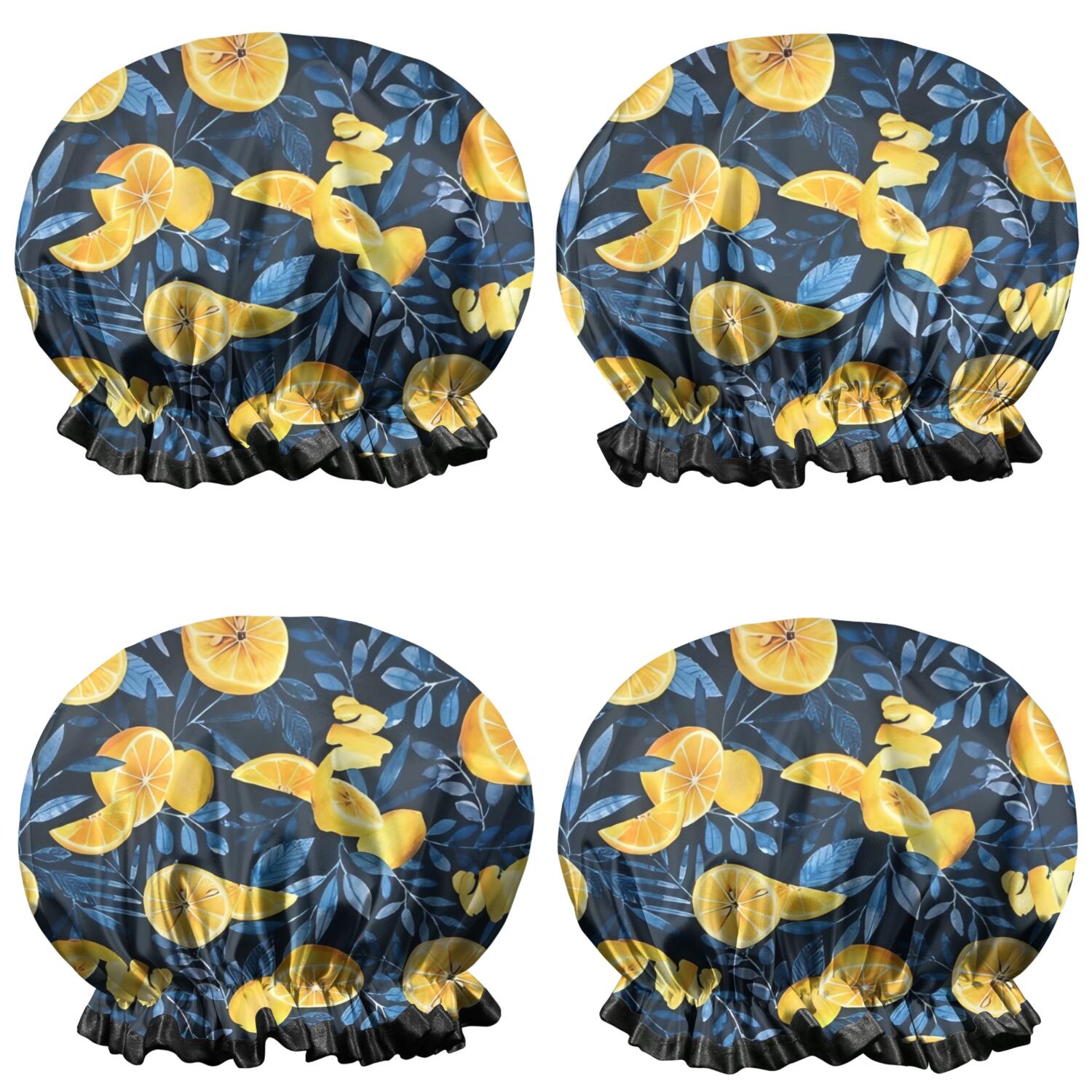 Shower Caps,Yellow Lemon Slices DarkBlue Pattern Waterproof Shower Cap for Women 4 Pieces,Double Reusable Hair Cover for Shower PEVA Elastic Stretch Hem