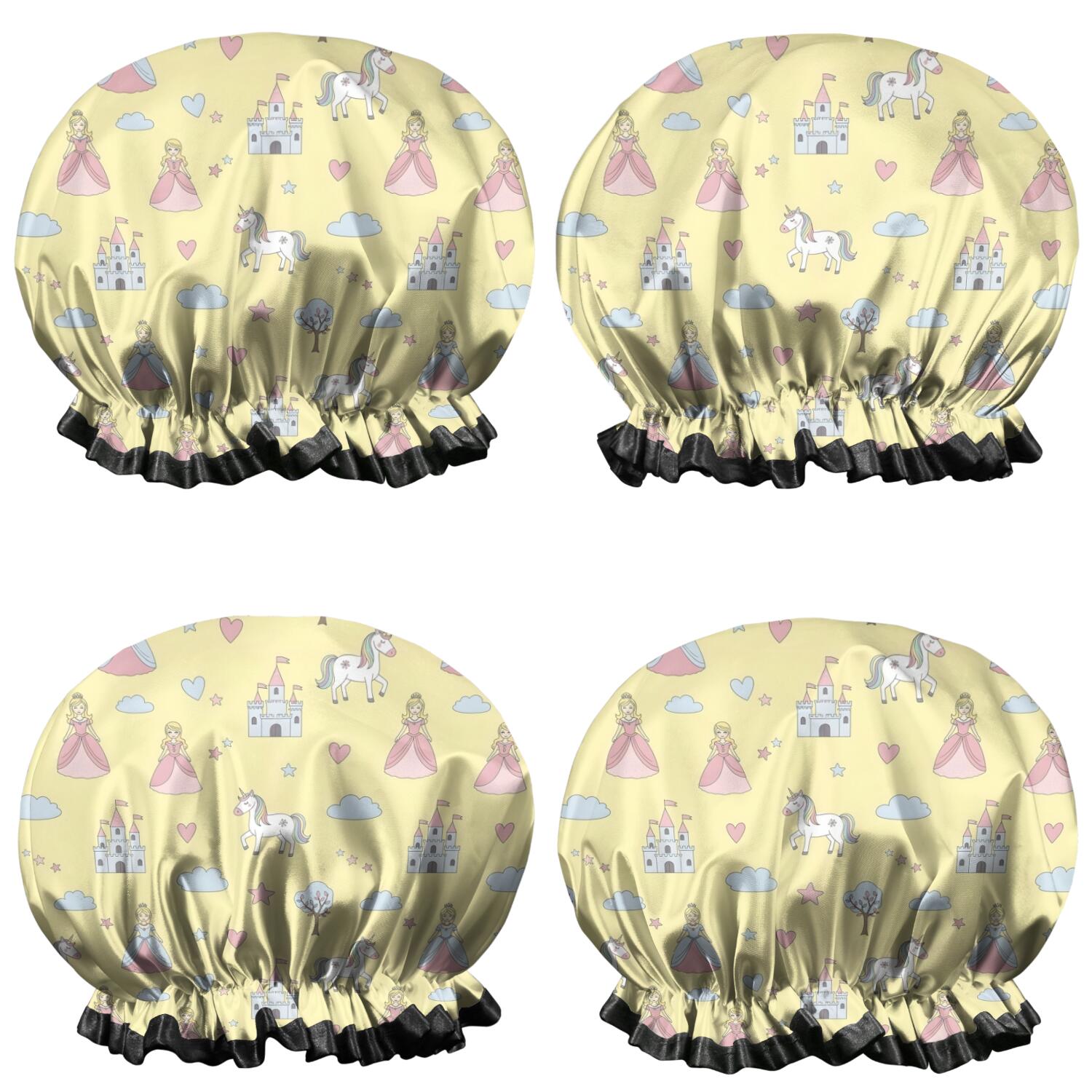 Shower Caps,Yellow Princess Unicorn Pattern Waterproof Shower Cap for Women 4 Pieces,Double Reusable Hair Cover for Shower PEVA Elastic Stretch Hem