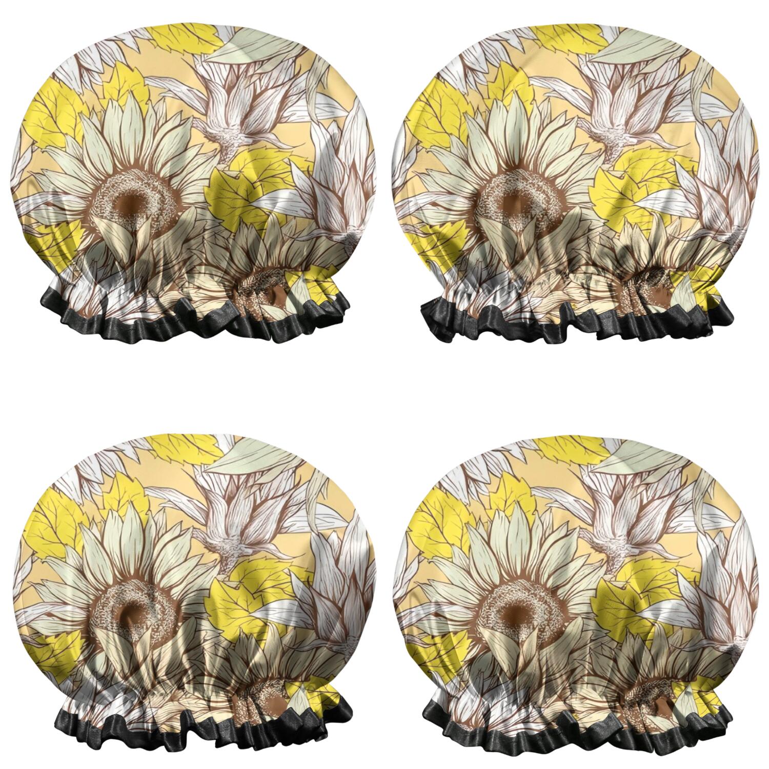 Shower Caps,Yellow Sunflower Bud Leaf Pattern Waterproof Shower Cap for Women 4 Pieces,Double Reusable Hair Cover for Shower PEVA Elastic Stretch Hem