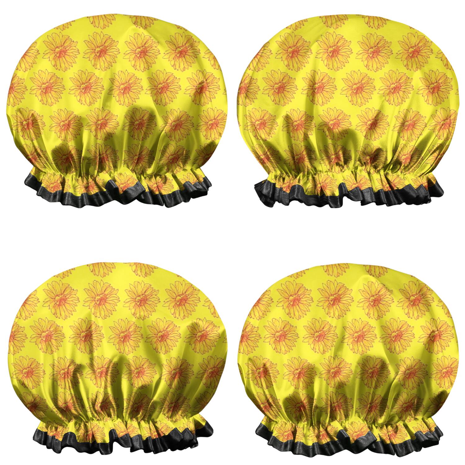 Shower Caps,Yellow Sunflower Flower Pattern Waterproof Shower Cap for Women 4 Pieces,Double Reusable Hair Cover for Shower PEVA Elastic Stretch Hem