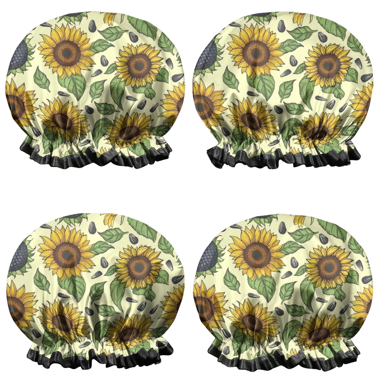 Shower Caps,Yellow Sunflower Seed Leaf Pattern Waterproof Shower Cap for Women 4 Pieces,Double Reusable Hair Cover for Shower PEVA Elastic Stretch Hem