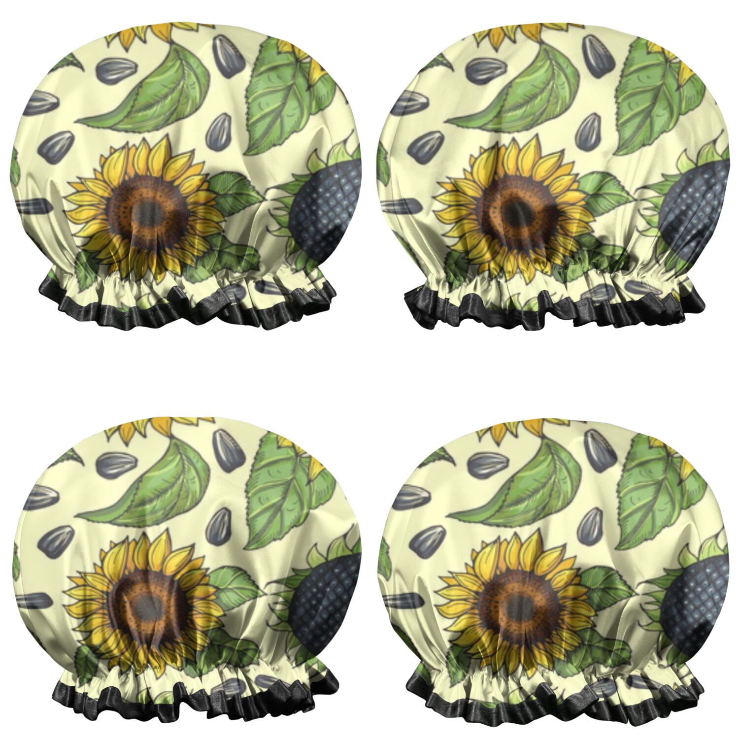 Shower Caps,Yellow Sunflower Seed Pattern Waterproof Shower Cap for Women 4 Pieces,Double Reusable Hair Cover for Shower PEVA Elastic Stretch Hem