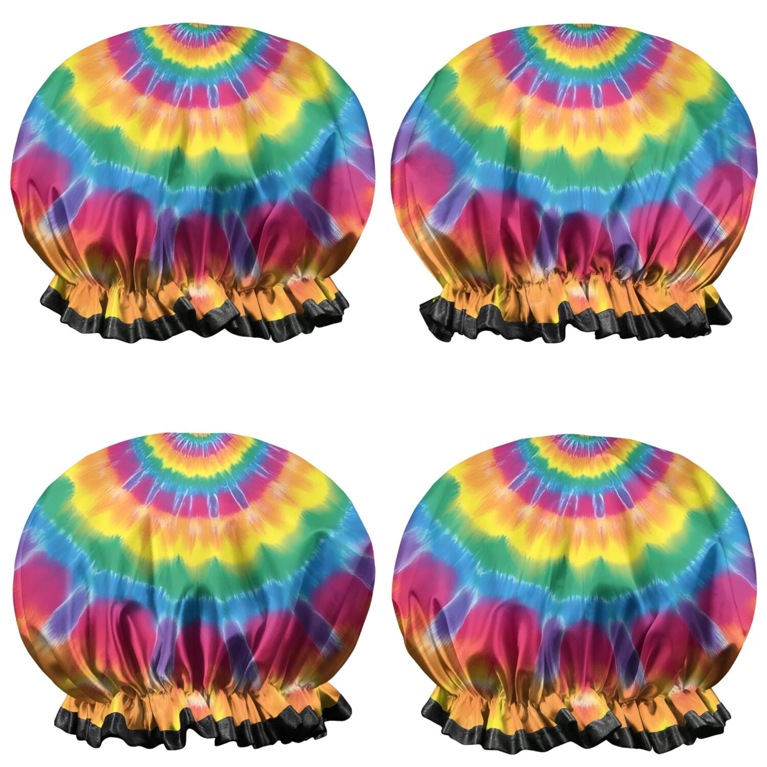 Shower Caps,Yellow Tie Dye Spiral Pattern Waterproof Shower Cap for Women 4 Pieces,Double Reusable Hair Cover for Shower PEVA Elastic Stretch Hem