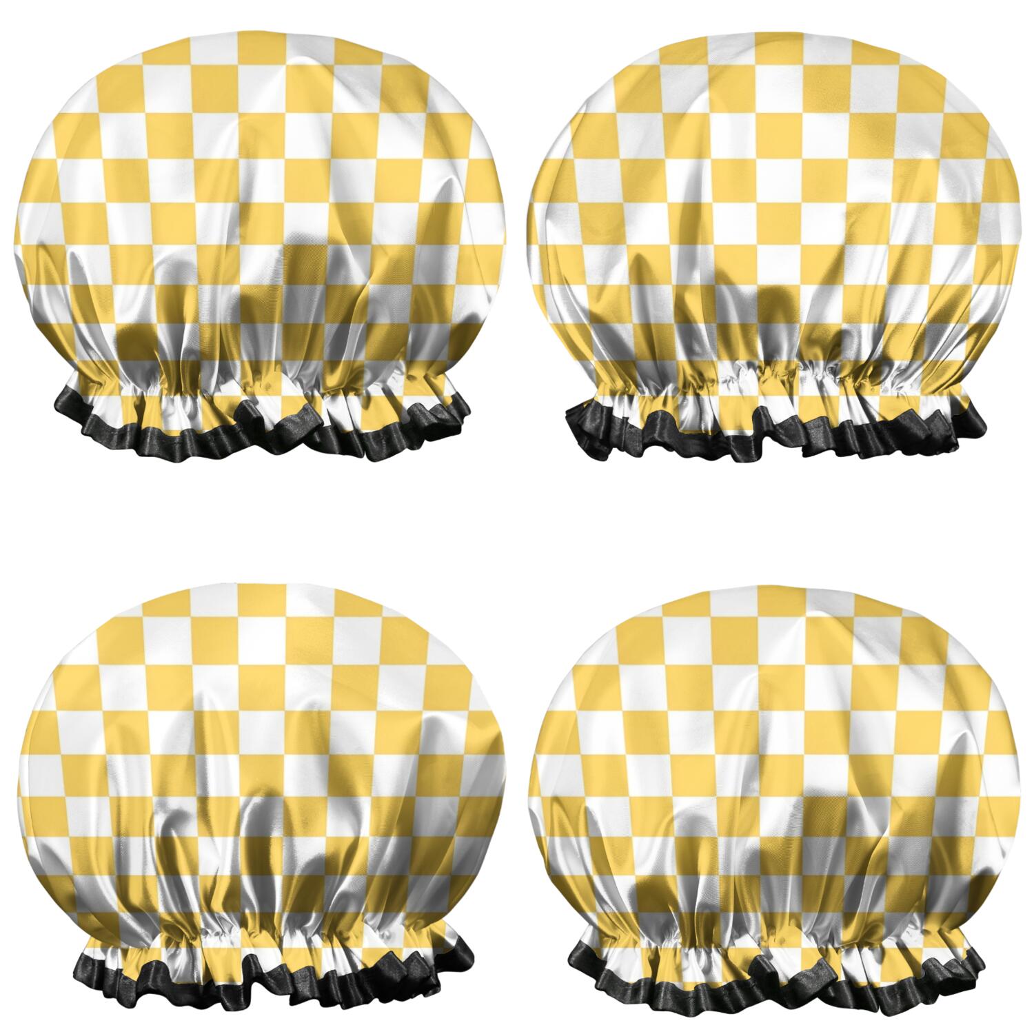 Shower Caps,Yellow White Checkerboard Checkered Pattern Waterproof Shower Cap for Women 4 Pieces,Double Reusable Hair Cover for Shower PEVA Elastic Stretch Hem