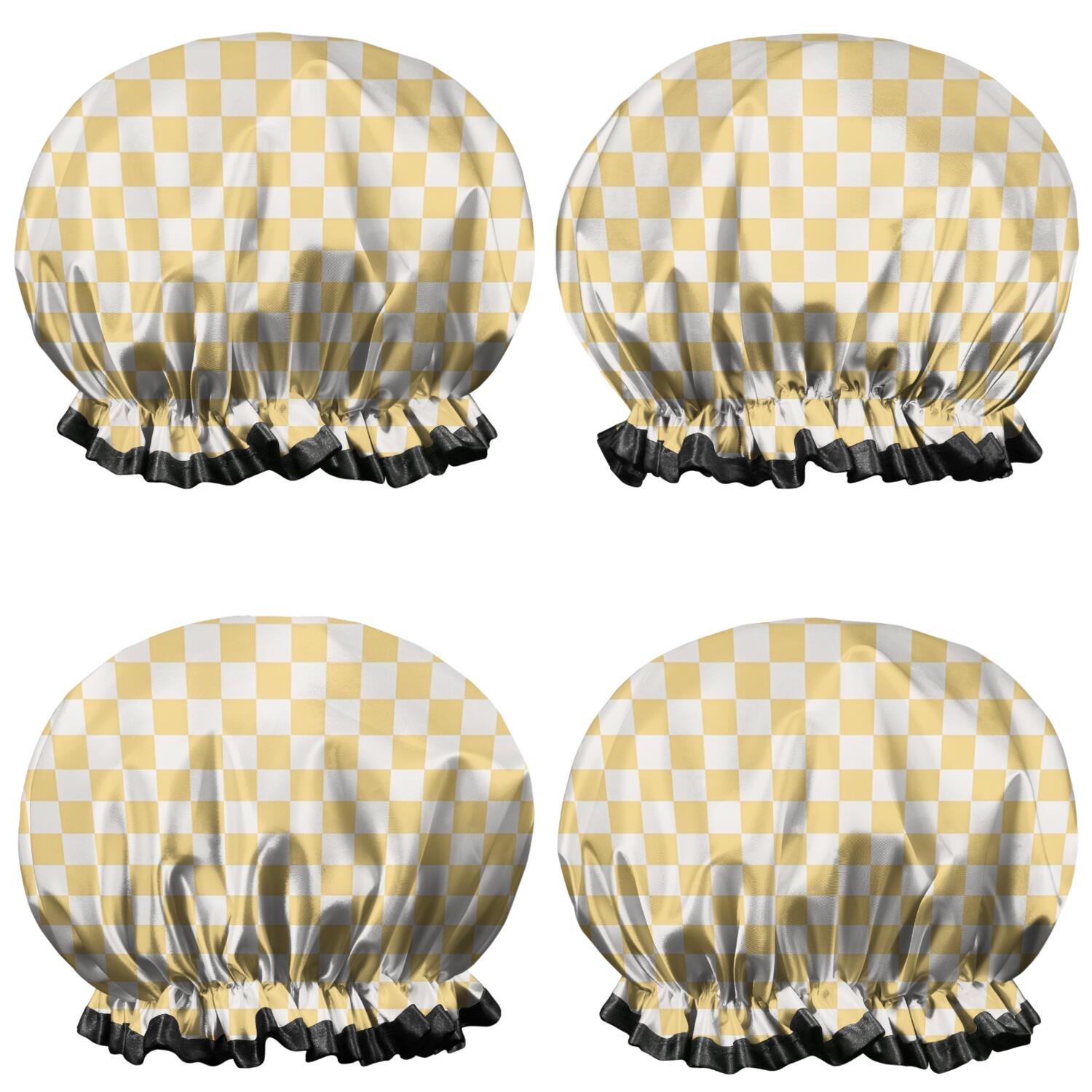Shower Caps,Yellow and White Checkerboard Pattern Waterproof Shower Cap for Women 4 Pieces,Double Reusable Hair Cover for Shower PEVA Elastic Stretch Hem