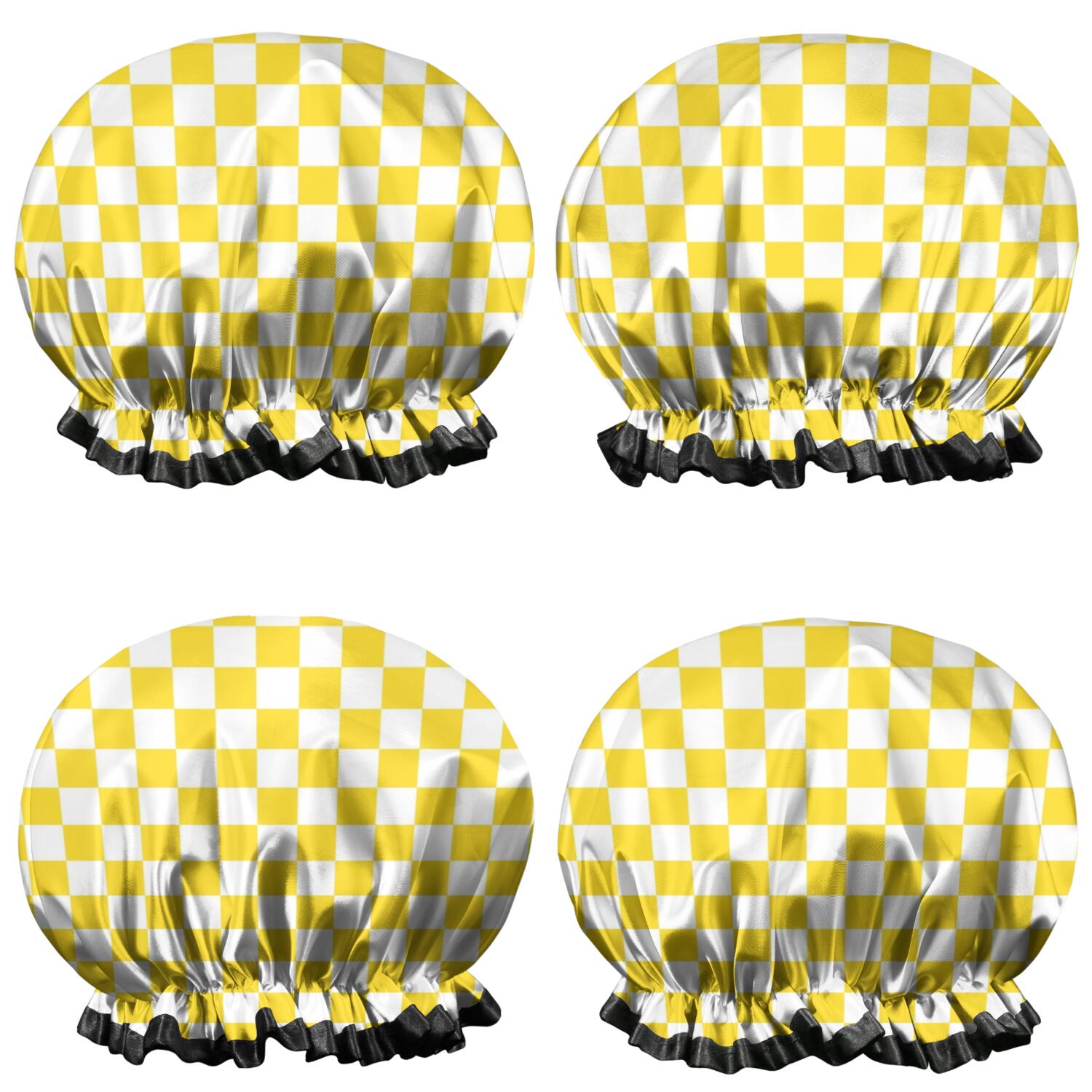 Shower Caps,Yellow and White Checkered Pattern Waterproof Shower Cap for Women 4 Pieces,Double Reusable Hair Cover for Shower PEVA Elastic Stretch Hem