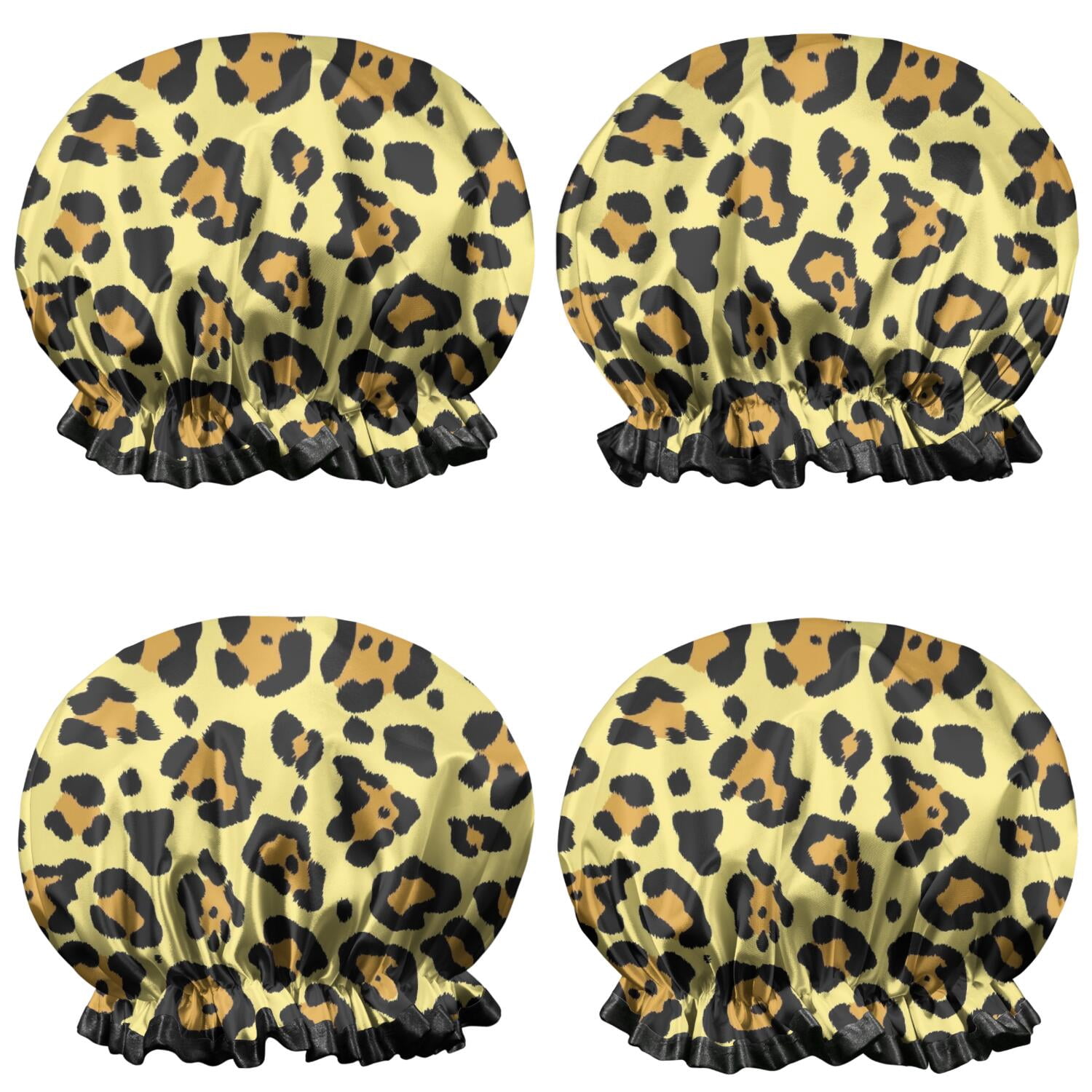 Shower Caps,Yellow and Black Leopard Pattern Waterproof Shower Cap for Women 4 Pieces,Double Reusable Hair Cover for Shower PEVA Elastic Stretch Hem