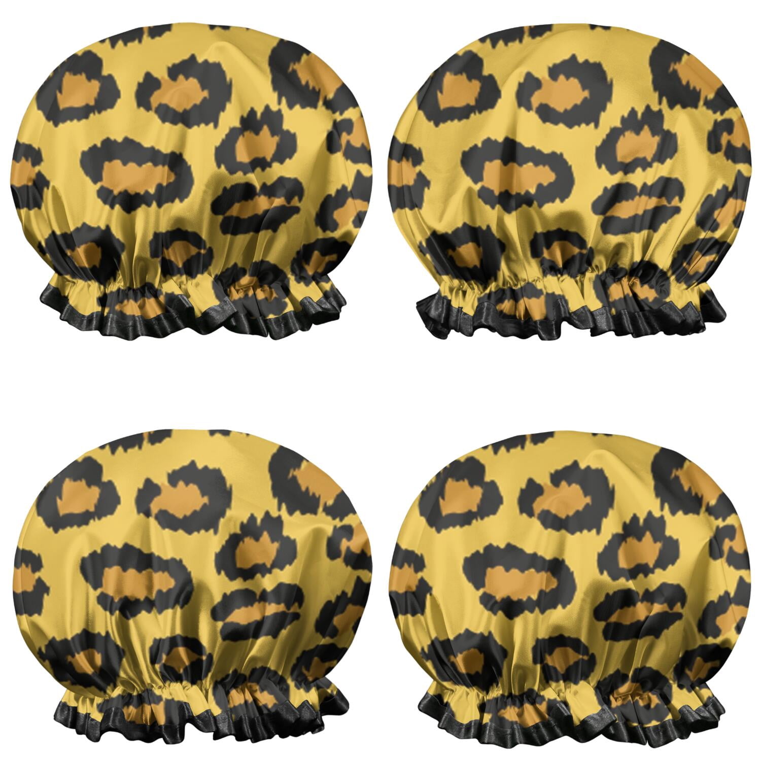 Shower Caps,Yellow and Black Of Leopard Print Waterproof Shower Cap for Women 4 Pieces,Double Reusable Hair Cover for Shower PEVA Elastic Stretch Hem