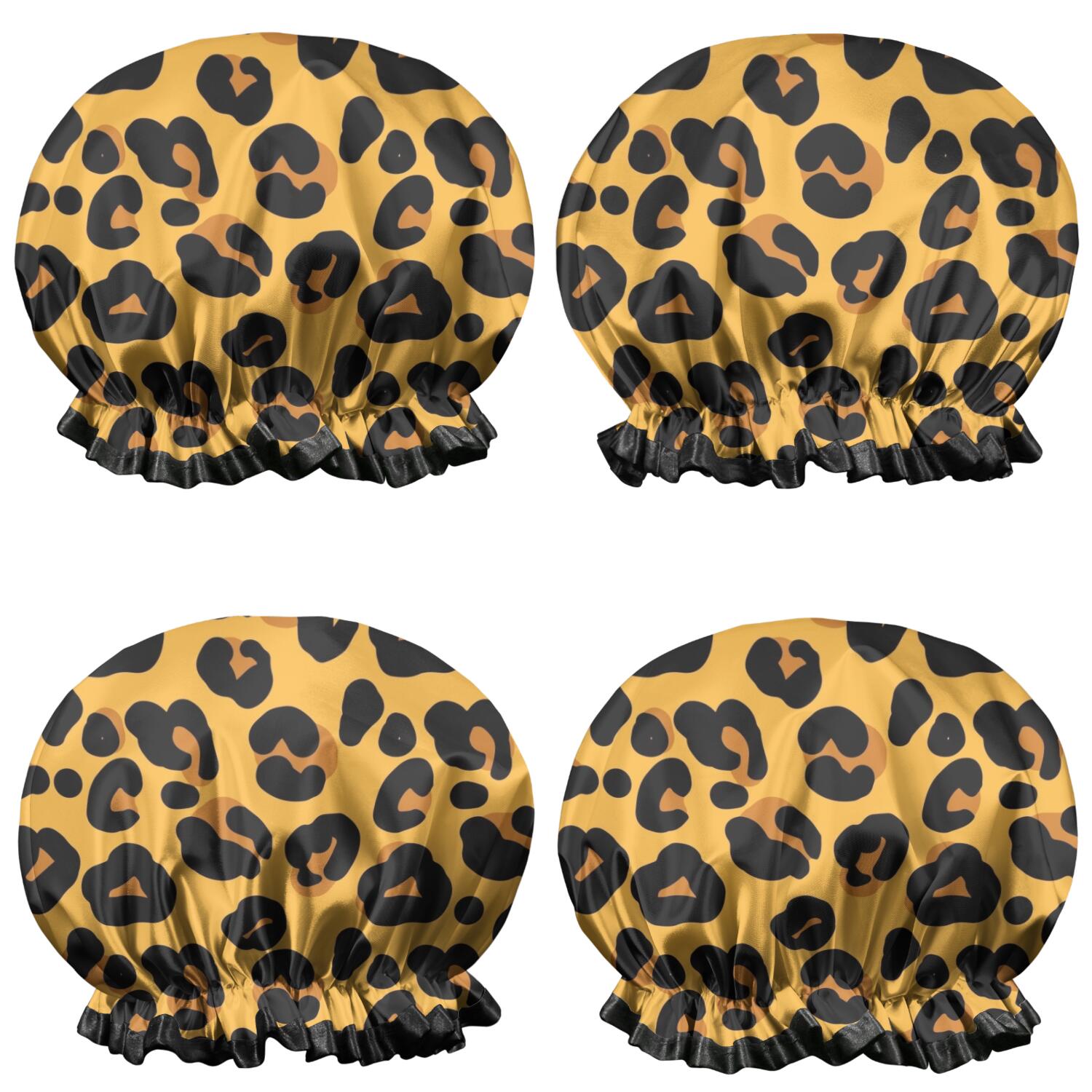 Shower Caps,Yellow and Black Of Leopard Print Waterproof Shower Cap for Women 4 Pieces,Double Reusable Hair Cover for Shower PEVA Elastic Stretch Hem