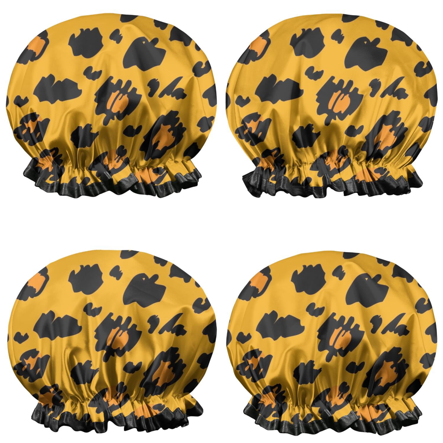 Shower Caps,Yellow and Black Of Leopard Print Waterproof Shower Cap for Women 4 Pieces,Double Reusable Hair Cover for Shower PEVA Elastic Stretch Hem