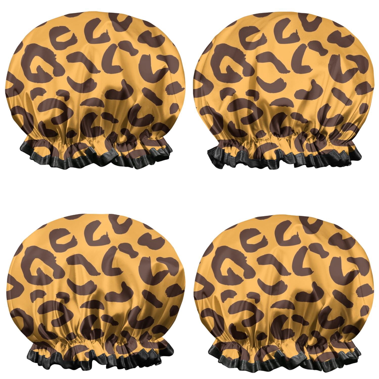 Shower Caps,Yellow and Black Of Leopard Print Waterproof Shower Cap for Women 4 Pieces,Double Reusable Hair Cover for Shower PEVA Elastic Stretch Hem