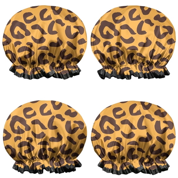 Shower Caps,Yellow and Black Of Leopard Print Waterproof Shower Cap for Women 4 Pieces,Double Reusable Hair Cover for Shower PEVA Elastic Stretch Hem