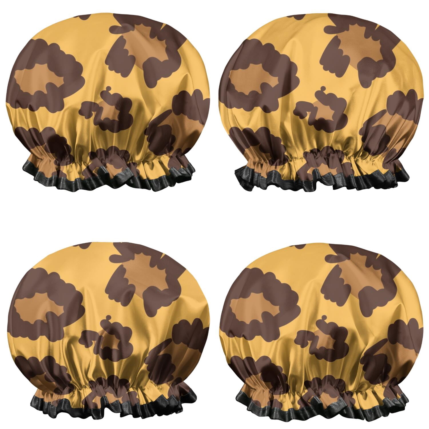 Shower Caps,Yellow and Black Of Leopard Print Waterproof Shower Cap for Women 4 Pieces,Double Reusable Hair Cover for Shower PEVA Elastic Stretch Hem