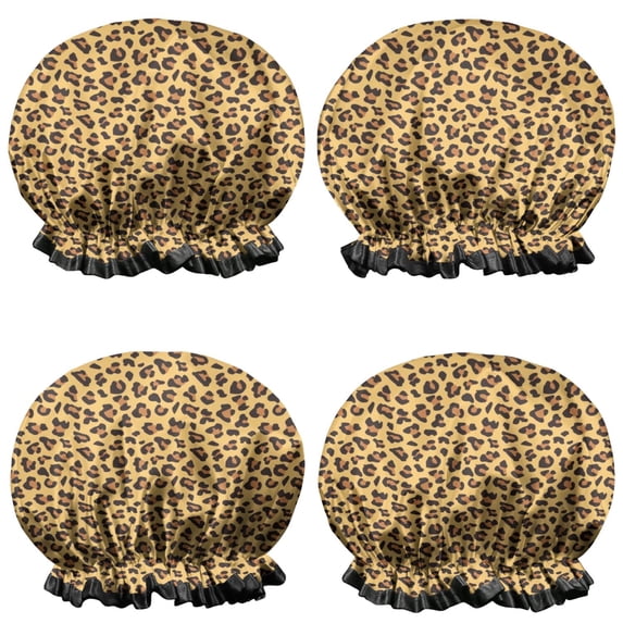 Shower Caps,Yellow and Brown Of Cheetah Print Waterproof Shower Cap for Women 4 Pieces,Double Reusable Hair Cover for Shower PEVA Elastic Stretch Hem