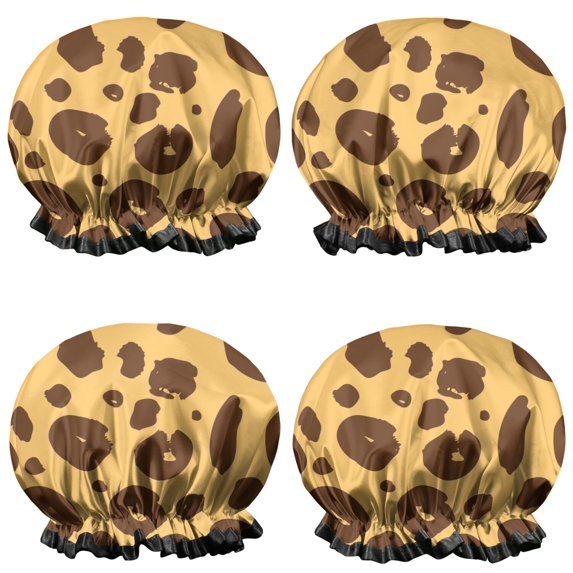 Shower Caps,Yellow and Brown Of Leopard Print Waterproof Shower Cap for Women 4 Pieces,Double Reusable Hair Cover for Shower PEVA Elastic Stretch Hem