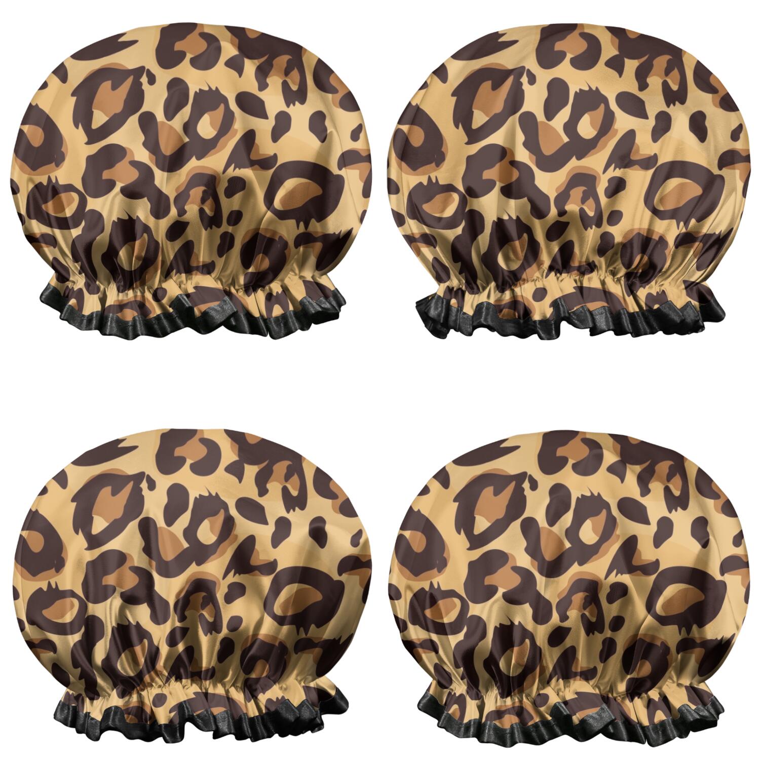 Shower Caps,Yellow and Brown Of Leopard Print Waterproof Shower Cap for Women 4 Pieces,Double Reusable Hair Cover for Shower PEVA Elastic Stretch Hem