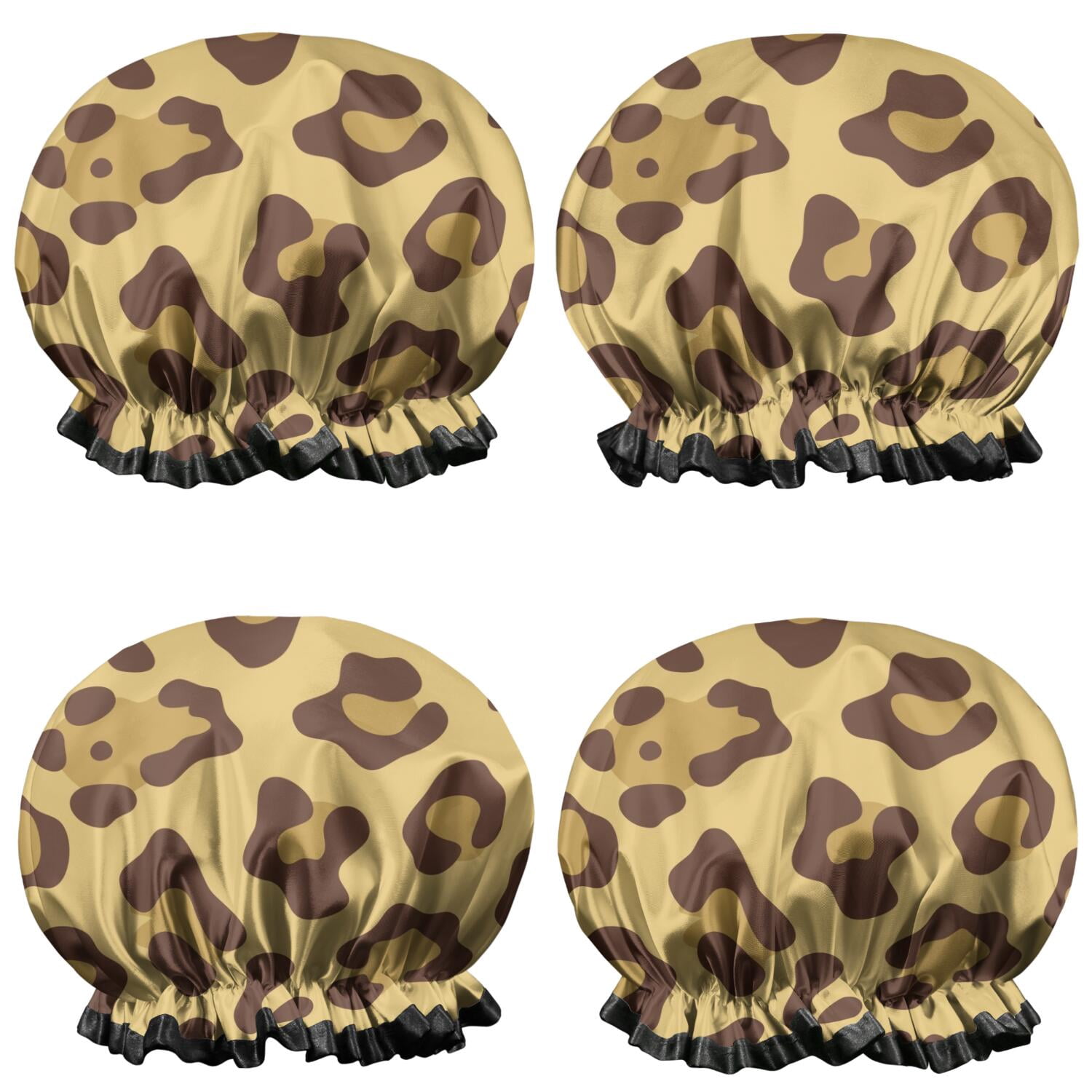 Shower Caps,Yellow and Brown Of Leopard Print Waterproof Shower Cap for Women 4 Pieces,Double Reusable Hair Cover for Shower PEVA Elastic Stretch Hem
