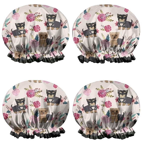 Shower Caps,Yorkie and Pioneer Flower Waterproof Shower Cap for Women 4 Pieces,Double Reusable Hair Cover for Shower PEVA Elastic Stretch Hem