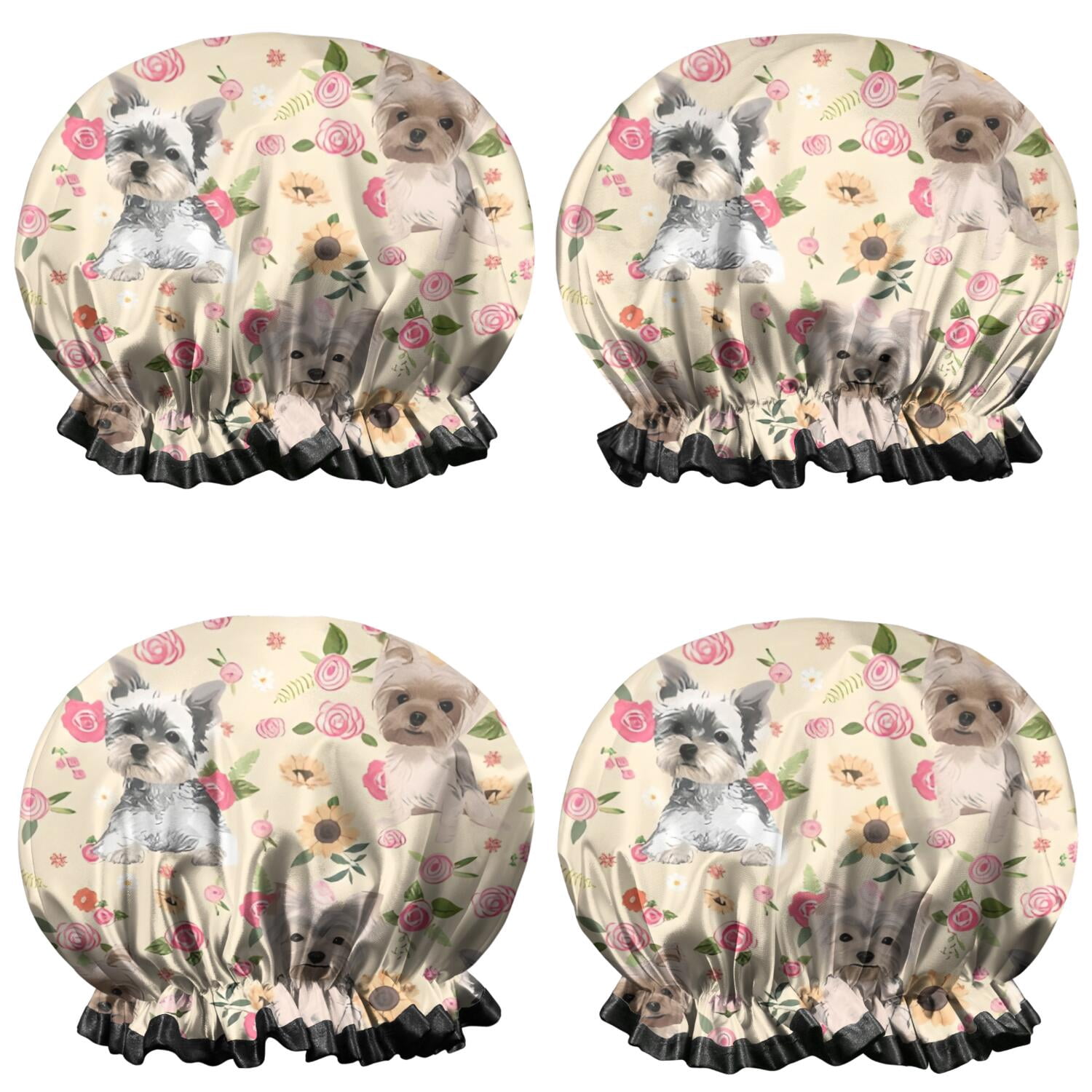 Shower Caps,Yorkie with Pioneer Flower Waterproof Shower Cap for Women 4 Pieces,Double Reusable Hair Cover for Shower PEVA Elastic Stretch Hem