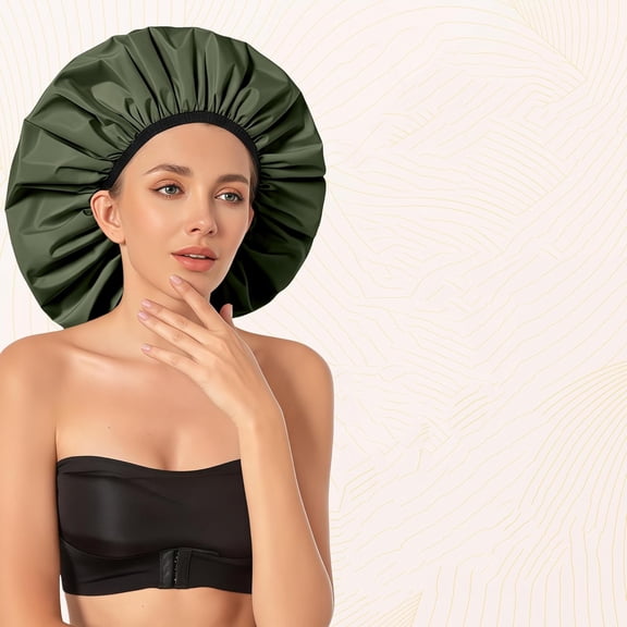 Shower Caps for Women Reusable Waterproof, Double-Layer Washable Bath Hair Bonnet, Satin Lining Shower Hat for Thick, Curly, Long Hair, Braids