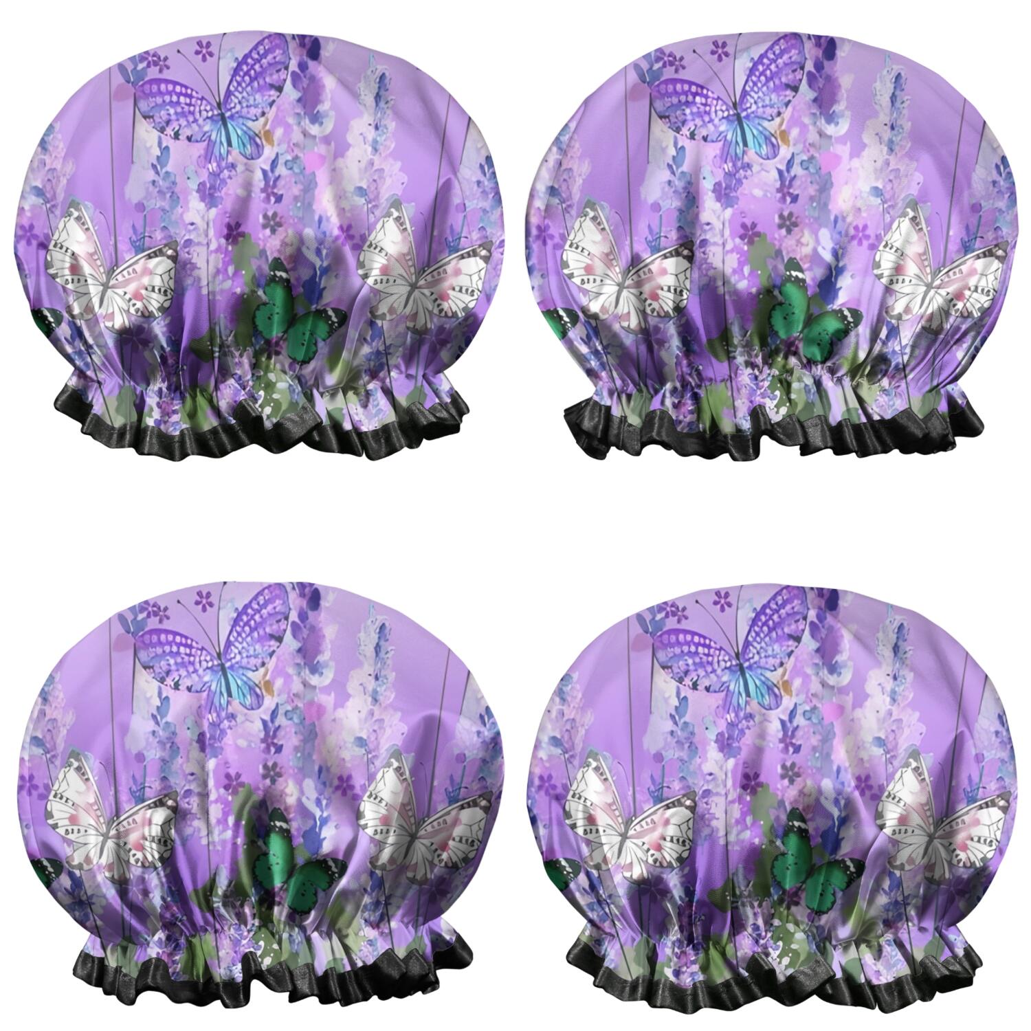 Shower Caps,urple Butterfly Flower Pattern Waterproof Shower Cap for Women 4 Pieces,Double Reusable Hair Cover for Shower PEVA Elastic Stretch Hem