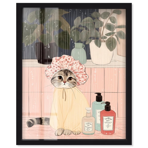 Shower Cat Shadowbox Print Pets Pink Wall Art by Art Remedy, Black Frame, 30 x 36