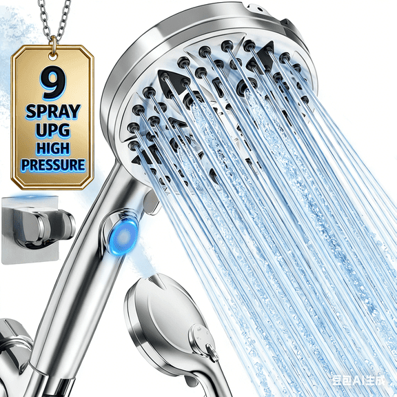 Shower Head, 9-Mode High Pressure Shower Head with Handheld & ON/Off Switch, Anti-clog Nozzles & Built-in Spray, With Stainless Steel Hose