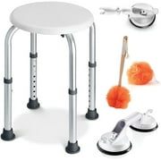 Shower Chair Set of 5 with 8 Adjustable Heights, Includes Suction Grab Bar & Suction Cup Shower Head Holder, Back Scrubber & Additional Sponge Tool Free - MedicalKingUsa