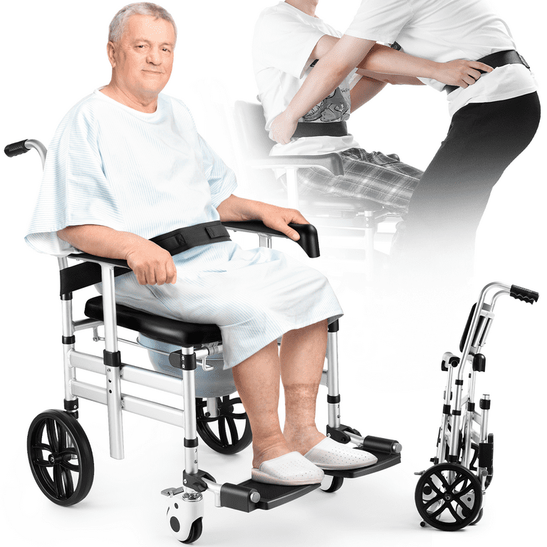Shower Chair with Wheels Commode Transport Wheelchair for Shower and Bathtub Rolling Bath Chair for Elderly and Disabled with Adjustable Armrest