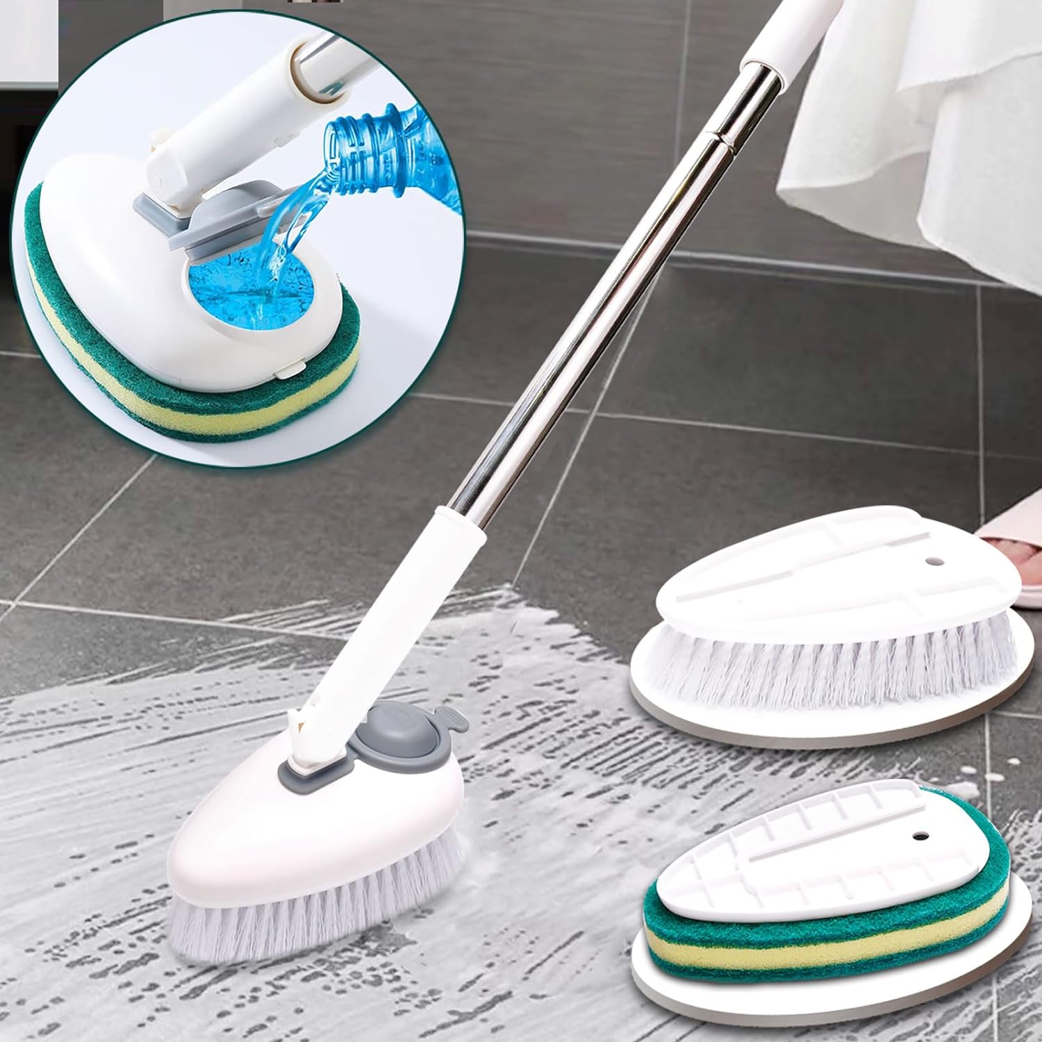 Shower Cleaner Brush, 2in1 Tub and Tile Scrubber with Long Handle, Floor Scrubber with Soap