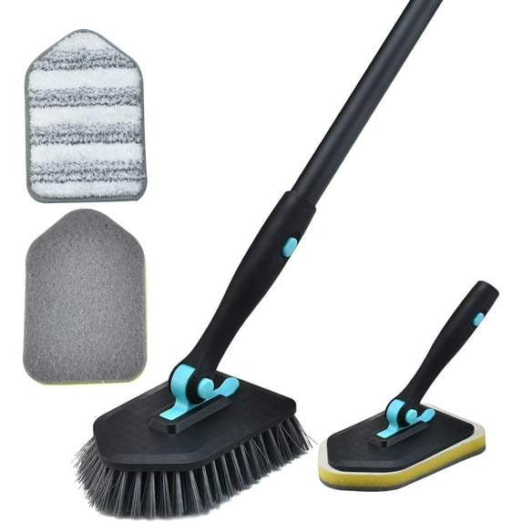 Shower Cleaning Brush with Long Handle, 3 in 1 Tub and Tile Scrubber Brush with 50.4'' Extendable Long Handle Detachable Stiff Bristles Scrub Brush for Cleaning Bathtub Shower Bathroom (Black)
