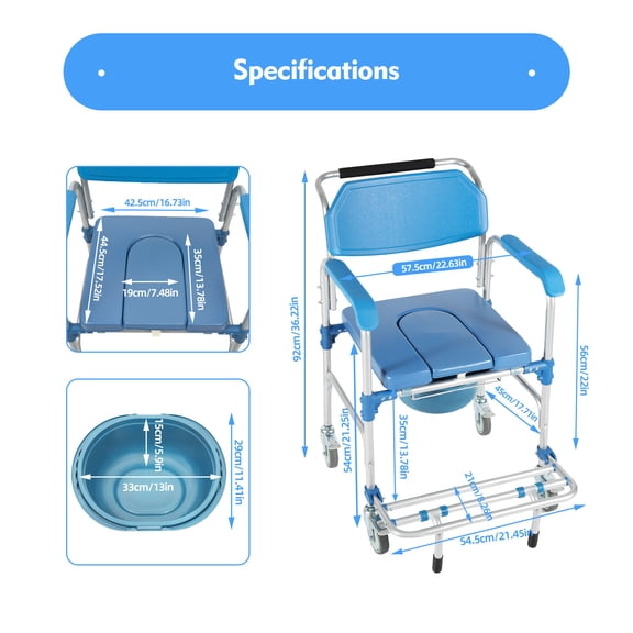 Shower Commode Wheelchair 350 lbs Capacity 3-in-1 Medical Transport Chair with Removable Bucket, Bedside Toilet for Elderly, Lightweight Aluminum Mobility Shower Chair for Bathroom