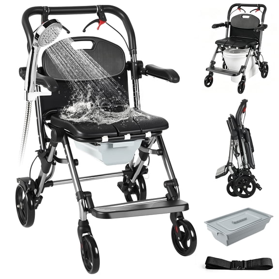 Shower Commode Wheelchair with 4 Lockable Wheels, Footrests, Flip-up Arms, 7L Removable Bucket, 330 LBS Capacity, Commode Chair for Adults Seniors