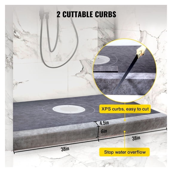 Shower Curb Kit 38x60, Watertight Shower Base with PVC Flange & Stainless Steel Grate, 2 Cuttable Curbs & Trowel, Shower Pan Slope Sticks for Bathroom Remodel