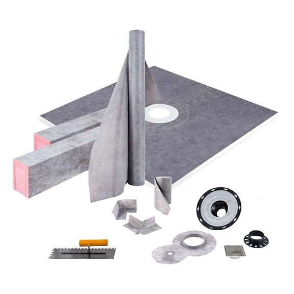 Shower Curb Kit 48x48", Watertight Shower Base with Drain, 4" Stainless Steel Grate, 2 Cuttable Curbs & Trowel, for Bathroom Renovation & New Construction