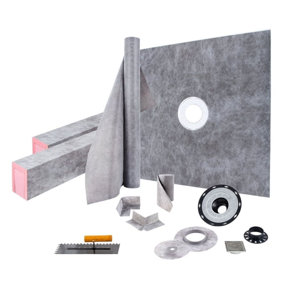 Shower Curb Kit 48x48, Watertight Shower Base with Stainless Steel Grate, 2 Cuttable Curbs & Trowel, ABS Flange, Waterproof Membrane for Bathroom Remodel