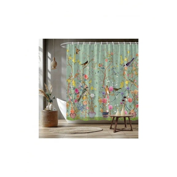 Shower Curtain 1: Fantasy Garden Birds Shower Curtain - Vintage Botanical Pattern, Colorful Birds & Flowers On Soft Green Background