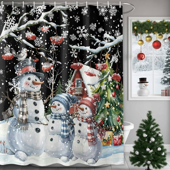Shower Curtain 36"W x 72"L Christmas Snowman Xmas Tree Black Fabric Shower Curtains Set with Hooks Waterproof Bathroom Curtains Machine Washable Bathroom Accessories