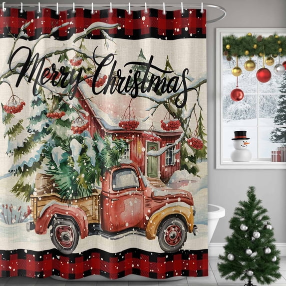Shower Curtain 36"W x 72"L Christmas Truck Pine Trees Red Fabric Shower Curtains Set with Hooks Water Repellent Bathroom Curtains Machine Washable Bathroom Accessories