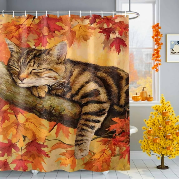 Shower Curtain 36"W x 72"L Fall Thanksgiving Asleep Cat Maple Leaves Fabric Shower Curtains Set with Hooks Water Repellent Bathroom Curtains Machine Washable Bathroom Accessories