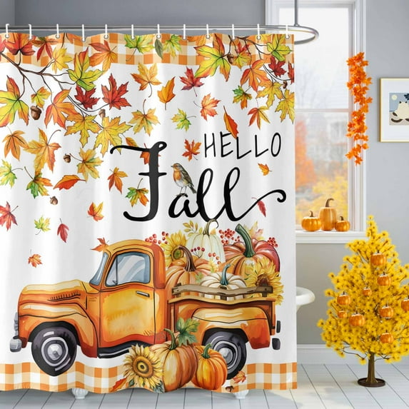 Shower Curtain 36"W x 72"L Hello Fall Thanksgiving Truck Pumpkins Fabric Shower Curtains Set with Hooks Water Repellent Bathroom Curtains Machine Washable Bathroom Accessories