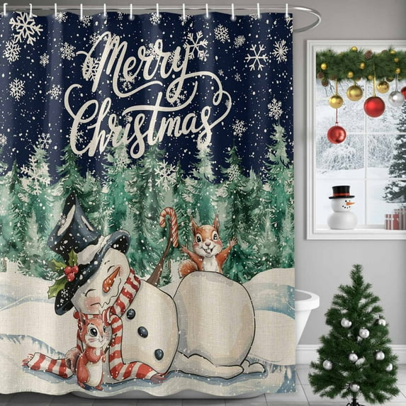 Shower Curtain 36"W x 72"L Vintage Winter Christmas Snowman Pine Trees Fabric Shower Curtains Set with Hooks Water Repellent Bathroom Curtains Machine Washable Bathroom Accessories