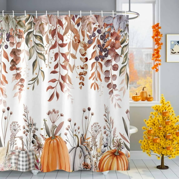 Shower Curtain 36"W x 72"L Watercolor Leaves Thanksgiving Pumpkins Fabric Shower Curtains Set with Hooks Water Repellent Bathroom Curtains Machine Washable Bathroom Accessories