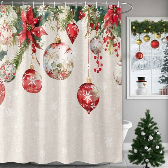 Shower Curtain 36"W x 72"L Winter Christmas Poinsettia Red Xmas Balls Snowflake Linen Fabric Shower Curtains Set with Hooks Water Repellent Bathroom Curtains Machine Washable Bathroom Accessories
