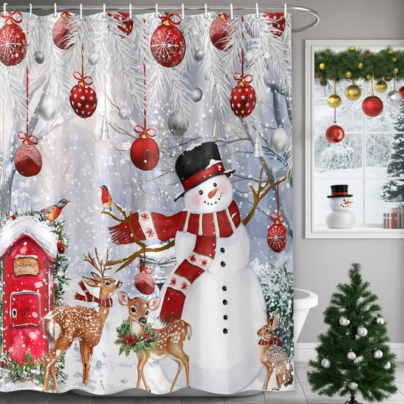 Shower Curtain 36"W x 72"L Winter Christmas Snowman Deer Red Christmas Balls Pine Trees Fabric Shower Curtains Set with Hooks Water Repellent Bathroom Curtains Machine Washable Bathroom Accessories