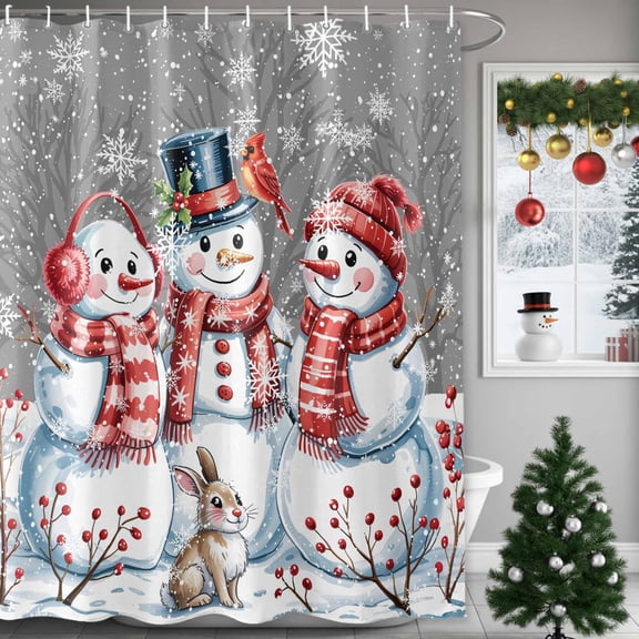 Shower Curtain 36"W x 72"L Winter Christmas Snowman Red Berry Gray Fabric Shower Curtains Set with Hooks Water Repellent Bathroom Curtains Machine Washable Bathroom Accessories