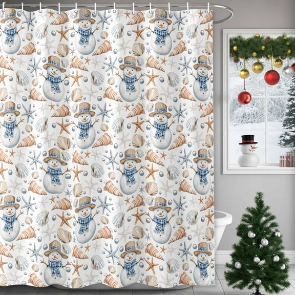 Shower Curtain 36"W x 72"L Winter Christmas Snowman Seashell White Fabric Shower Curtains Set with Hooks Water Repellent Bathroom Curtains Machine Washable Bathroom Accessories