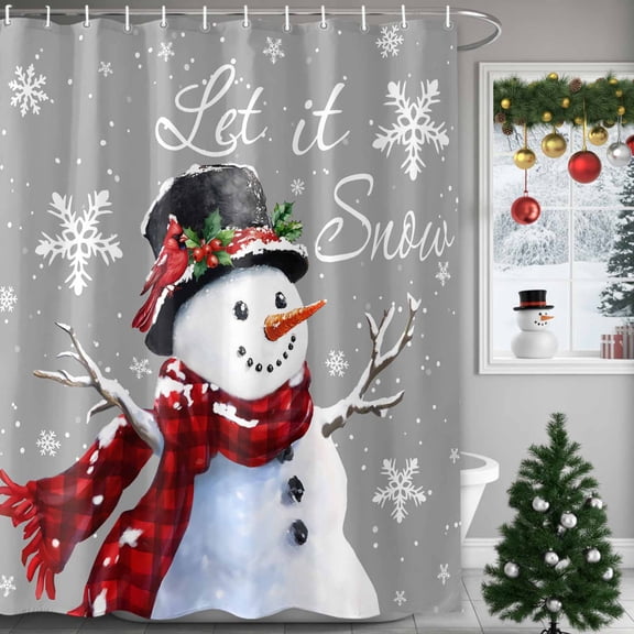 Shower Curtain 36"W x 72"L Winter Christmas Snowman Snowflake Gray Fabric Shower Curtains Set with Hooks Water Repellent Bathroom Curtains Machine Washable Bathroom Accessories