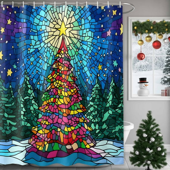 Shower Curtain 36"W x 72"L Winter Christmas Tree Geometric Art Colorful Glass Texture Fabric Shower Curtains Set with Hooks Water Repellent Bathroom Curtains Machine Washable Bathroom Accessories