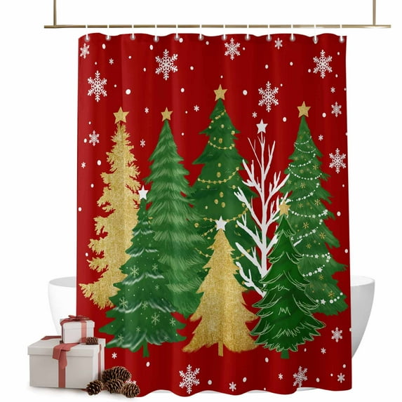 Shower Curtain 36"W x 72"L Winter Christmas Trees Snowflakes Red Fabric Shower Curtains Set with Hooks Water Repellent Bathroom Curtains Machine Washable Bathroom Accessories